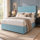 Brighton upholstered divan storage bed and headboard in a modern bedroom, opposite three-quarter view