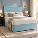 Brighton upholstered divan storage bed and headboard in a modern bedroom, three-quarter view