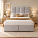 Dover upholstered divan storage bed and headboard in a modern bedroom, front view
