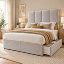 Dover upholstered divan bed with storage open in a modern bedroom
