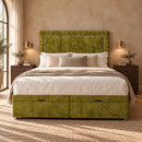 Florence upholstered divan storage bed and headboard in a modern bedroom, front view
