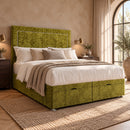 Florence upholstered divan storage bed and headboard in a modern bedroom, opposite three-quarter view