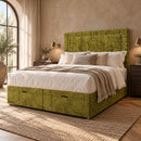 Florence upholstered divan storage bed and headboard in a modern bedroom, three-quarter view