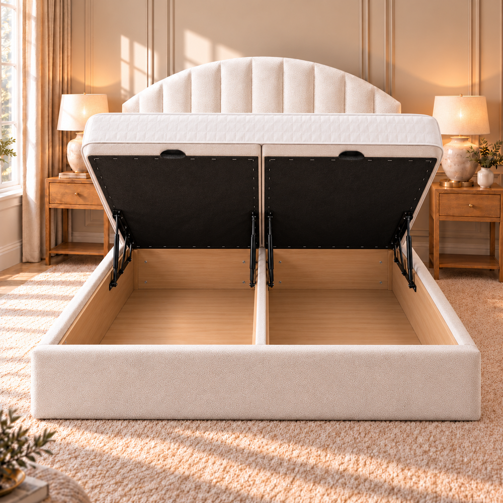 The Harrington solid divan ottoman storage bed open with deep internal storage