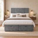 Hatford upholstered divan storage bed and headboard in a modern bedroom, front view