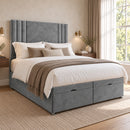 Hatford upholstered divan storage bed and headboard in a modern bedroom, opposite three-quarter view