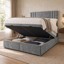 Hatford upholstered divan bed with storage open in a modern bedroom
