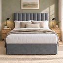 Lyon upholstered divan storage bed and headboard in a modern bedroom, front view