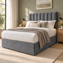 Lyon upholstered divan storage bed and headboard in a modern bedroom, opposite three-quarter view