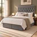 Madrid upholstered divan storage bed and headboard in a modern bedroom, opposite three-quarter view