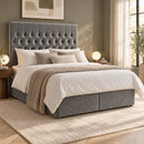 Madrid upholstered divan storage bed and headboard in a modern bedroom, three-quarter view