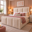 Mona upholstered bed with matching three-panel headboard and footboard