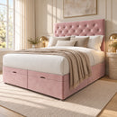 Paris upholstered divan storage bed and headboard in a modern bedroom, opposite three-quarter view