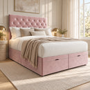 Paris upholstered divan storage bed and headboard in a modern bedroom, three-quarter view