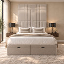 Prague upholstered divan storage bed and headboard in a modern bedroom, front view