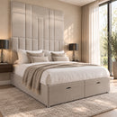 Prague upholstered divan storage bed and headboard in a modern bedroom, opposite three-quarter view