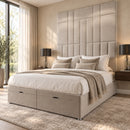 Prague upholstered divan storage bed and headboard in a modern bedroom, three-quarter view