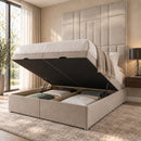 Prague upholstered divan bed with storage open in a modern bedroom