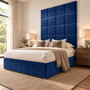 Rome upholstered divan storage bed and headboard in a modern bedroom, opposite three-quarter view