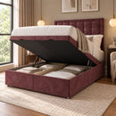 Rose upholstered divan bed with storage open in a modern bedroom