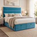 Sara upholstered divan storage bed and headboard in a modern bedroom, three-quarter view