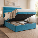 Sara upholstered divan bed with storage open in a modern bedroom