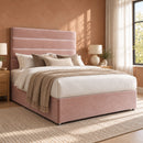 Skipton upholstered divan storage bed and headboard in a modern bedroom, opposite three-quarter view