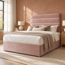 Skipton upholstered divan storage bed and headboard in a modern bedroom, three-quarter view