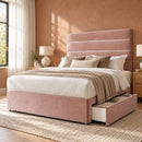 Skipton upholstered divan bed with storage open in a modern bedroom
