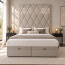 Venice upholstered divan storage bed and headboard in a modern bedroom, front view
