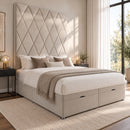 Venice upholstered divan storage bed and headboard in a modern bedroom, opposite three-quarter view