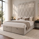 Venice upholstered divan storage bed and headboard in a modern bedroom, three-quarter view