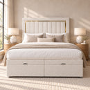 Zurich upholstered divan storage bed and headboard in a modern bedroom, front view