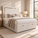Zurich upholstered divan storage bed and headboard in a modern bedroom, opposite three-quarter view