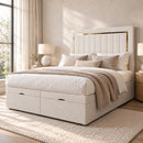 Zurich upholstered divan storage bed and headboard in a modern bedroom, three-quarter view